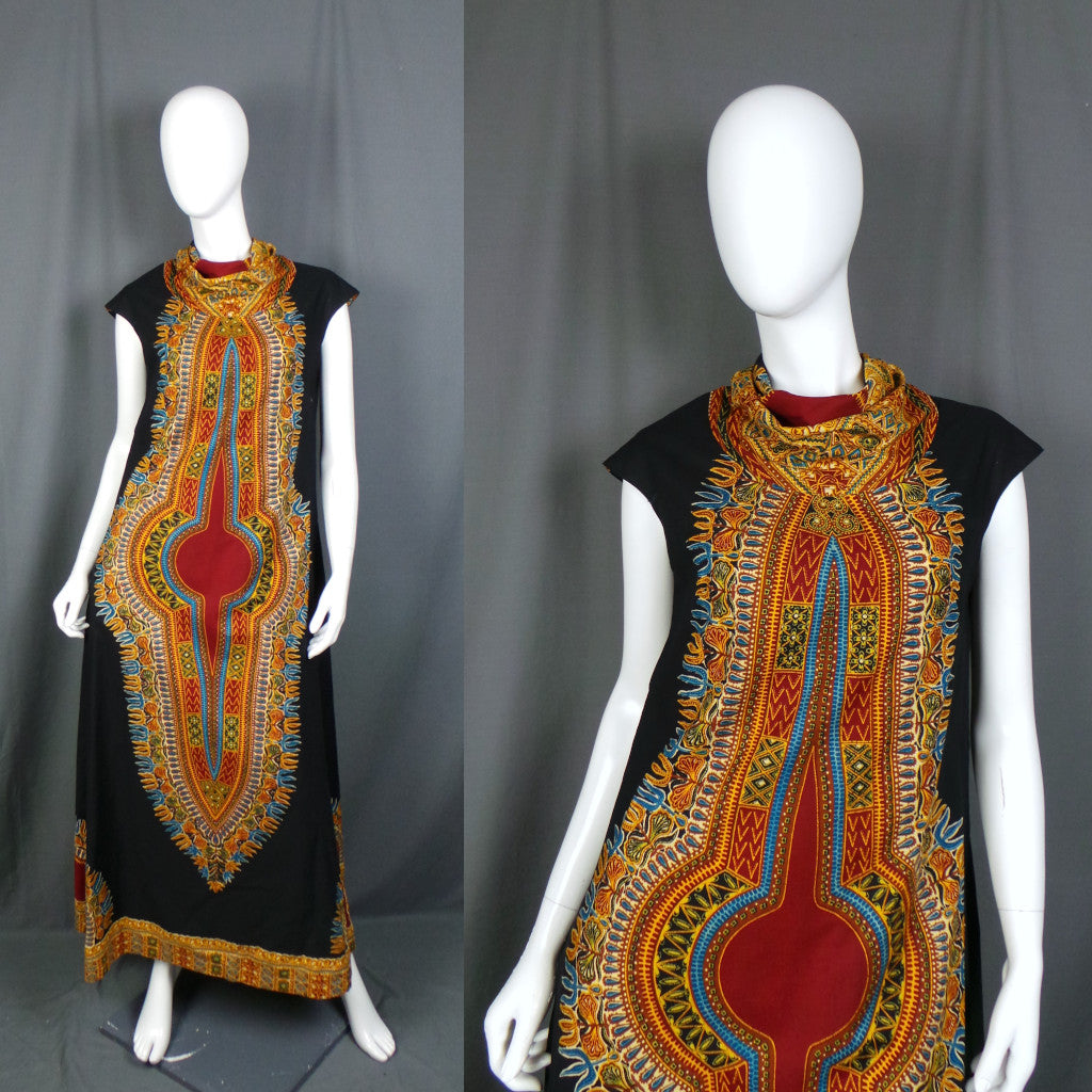 1970s Black Red Dashiki Kaftan Dress S