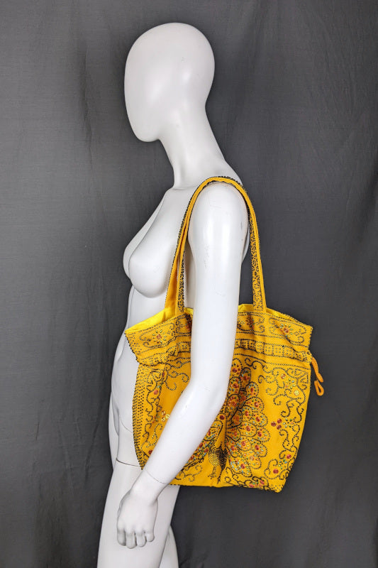 1970s Yellow Beaded Peacock Tote Bag