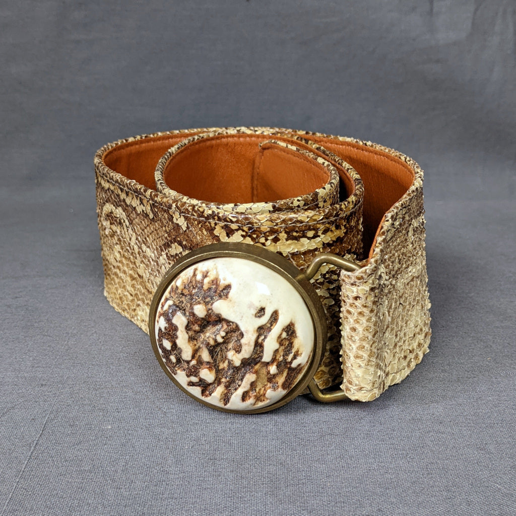 1970s Snakeskin Leather Belt with Horn Buckle | Morris Moskowitz | S