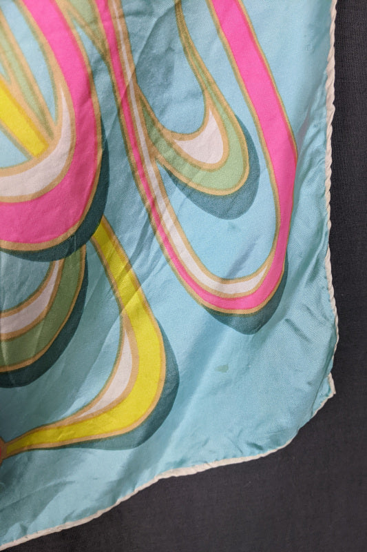 1960s Light Blue and Neon Swirl Silk Scarf