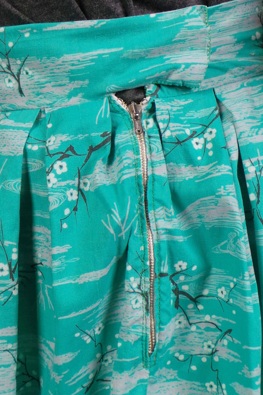 1950s Aqua Blossom Print Skirt | 2XS