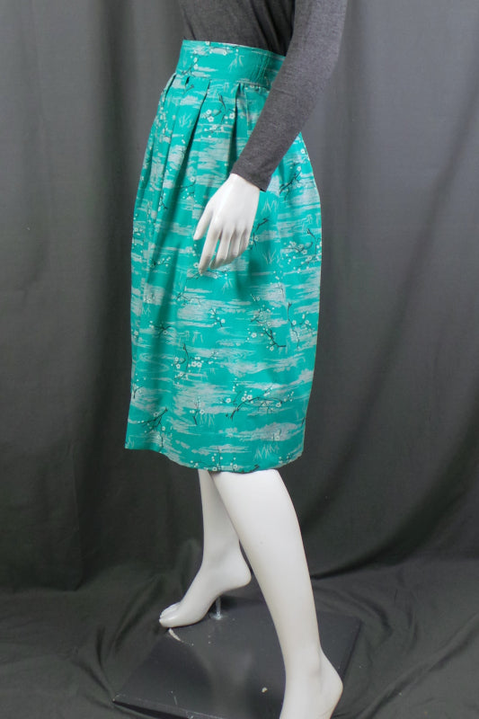 1950s Aqua Blossom Print Skirt | 2XS