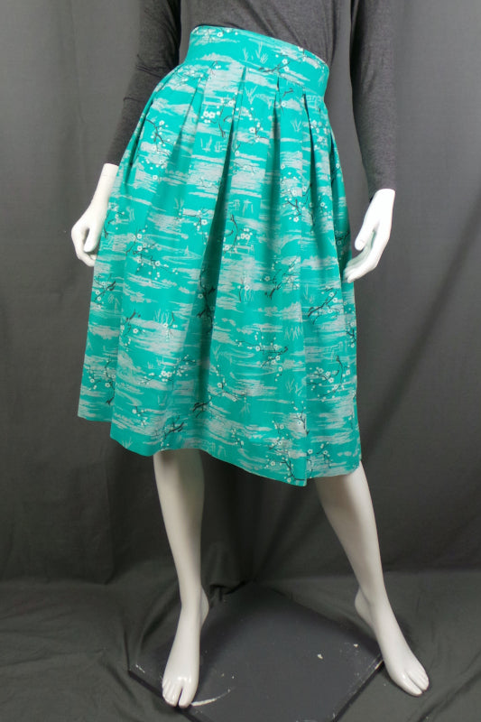 1950s Aqua Blossom Print Skirt | 2XS