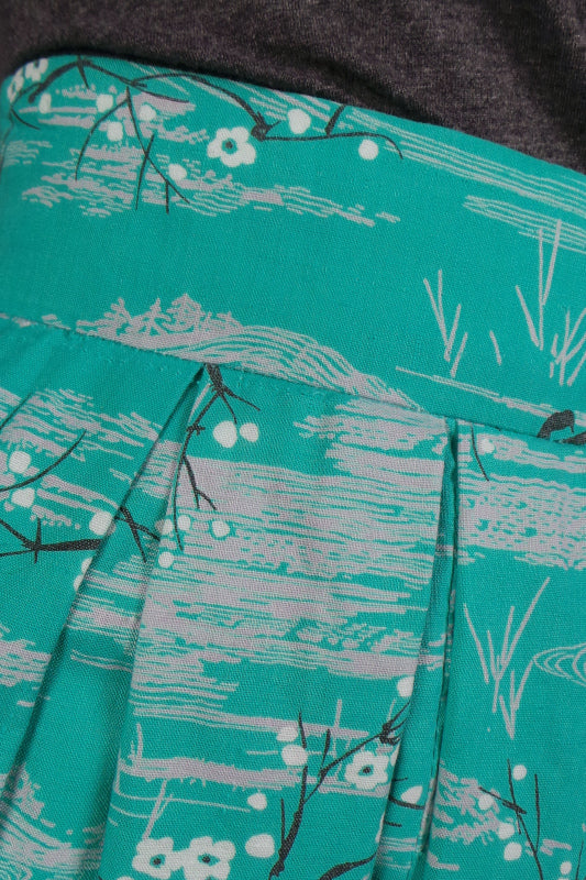 1950s Aqua Blossom Print Skirt | 2XS