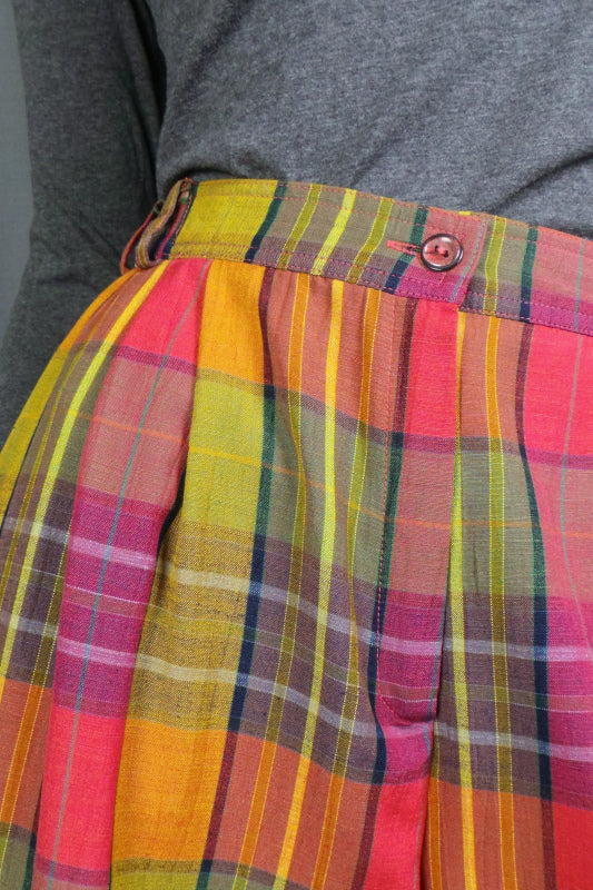 1980s Bright Citrus Checked Loose Shorts, 30in Waist