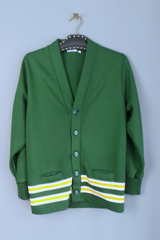1980s Bottle Green and Yellow Stripe Varsity Cardigan, 38in Chest