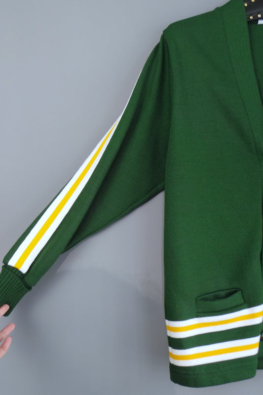 1980s Bottle Green and Yellow Stripe Varsity Cardigan, 38in Chest