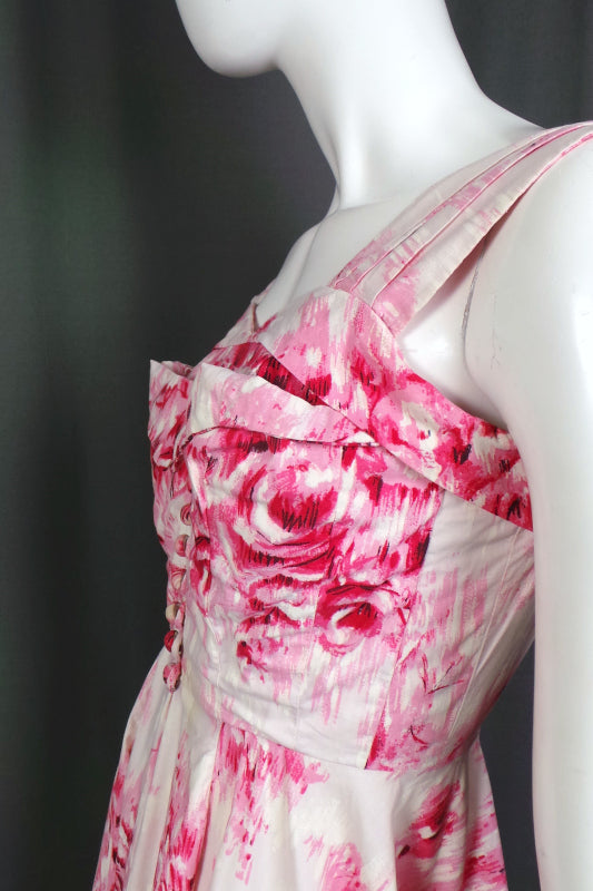 1950s White and Pink Rose Print Floral Cotton Gown, 33in Bust