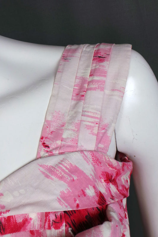 1950s White and Pink Rose Print Floral Cotton Gown, 33in Bust