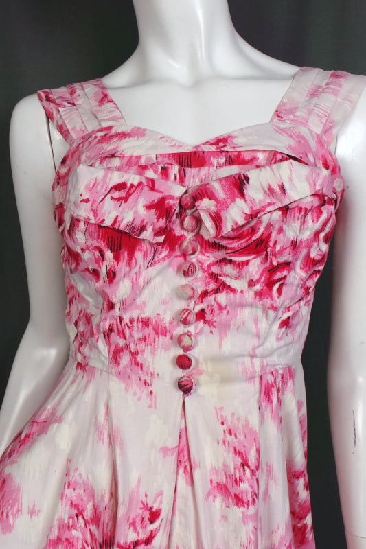 1950s White and Pink Rose Print Floral Cotton Gown, 33in Bust