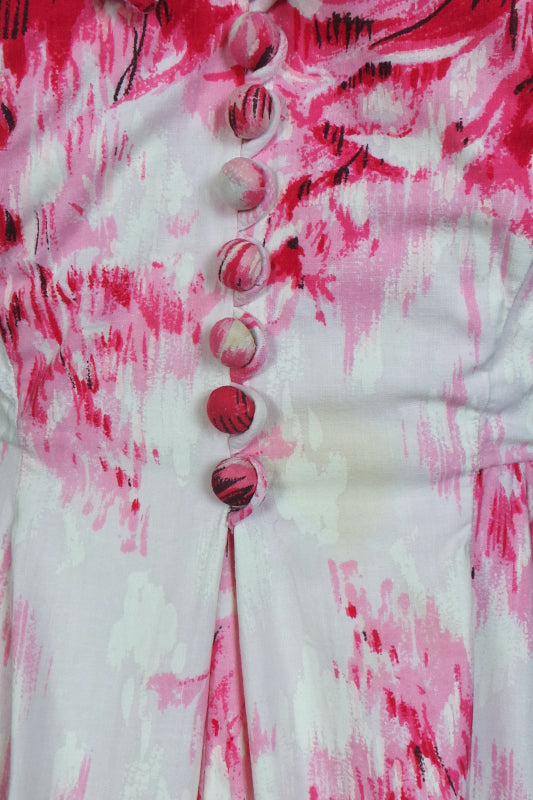 1950s White & Pink Rose Cotton Gown | 2XS