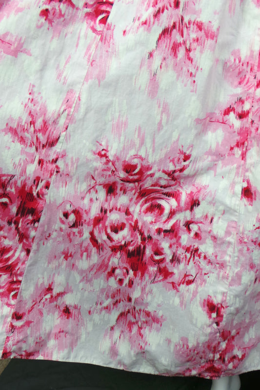 1950s White and Pink Rose Print Floral Cotton Gown, 33in Bust