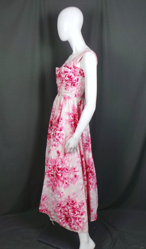 1950s White and Pink Rose Print Floral Cotton Gown, 33in Bust