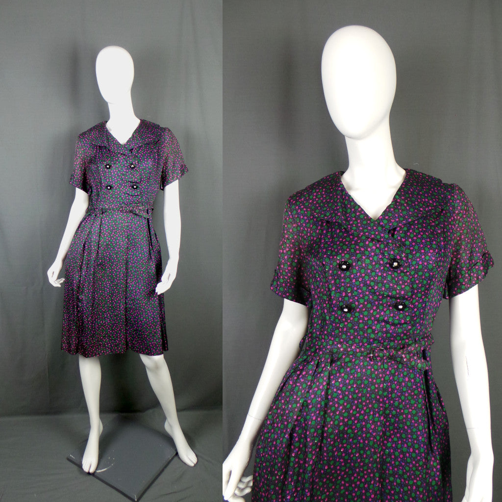 1950s Pink Green Spot Double Breasted Vintage Dress | ILGWU