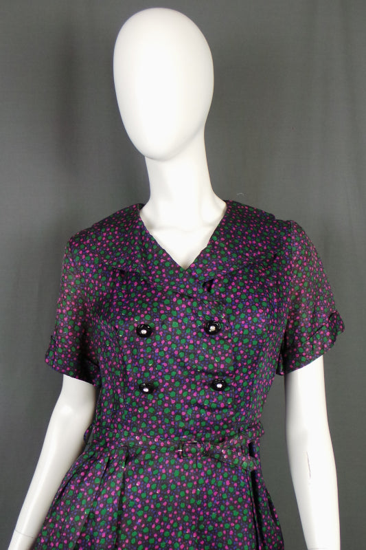 1950s Pink Green Spot Double Breasted Dress | ILGWU | L