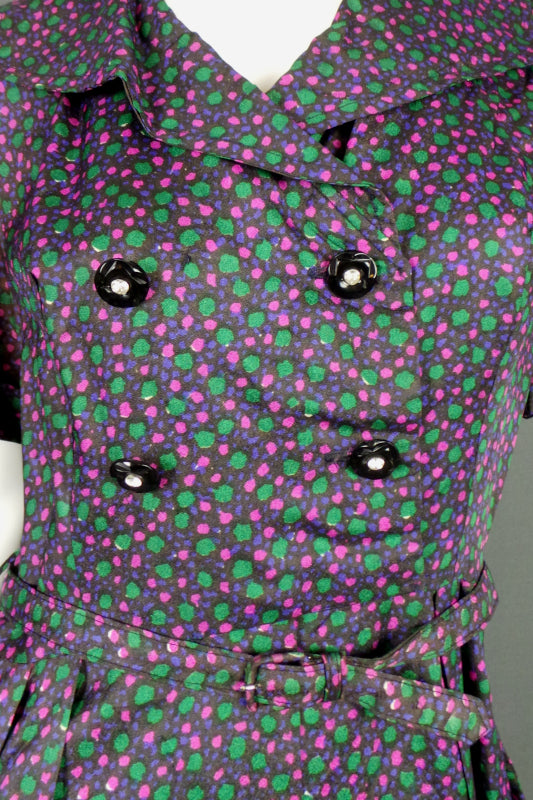 1950s Pink Green Spot Double Breasted Dress | ILGWU | L