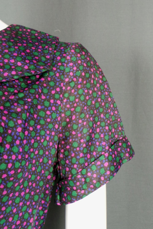 1950s Pink Green Spot Double Breasted Dress | ILGWU | L