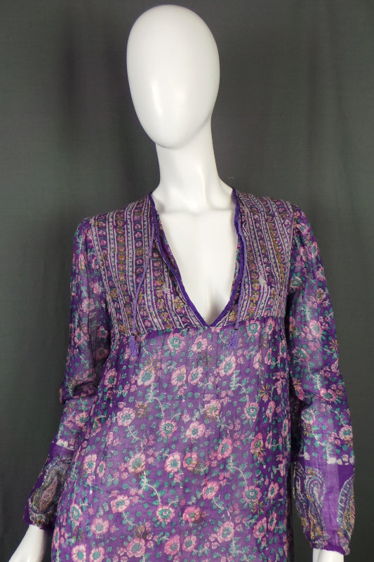 1970s Adini Indian Cotton Purple Kaftan Dress | M