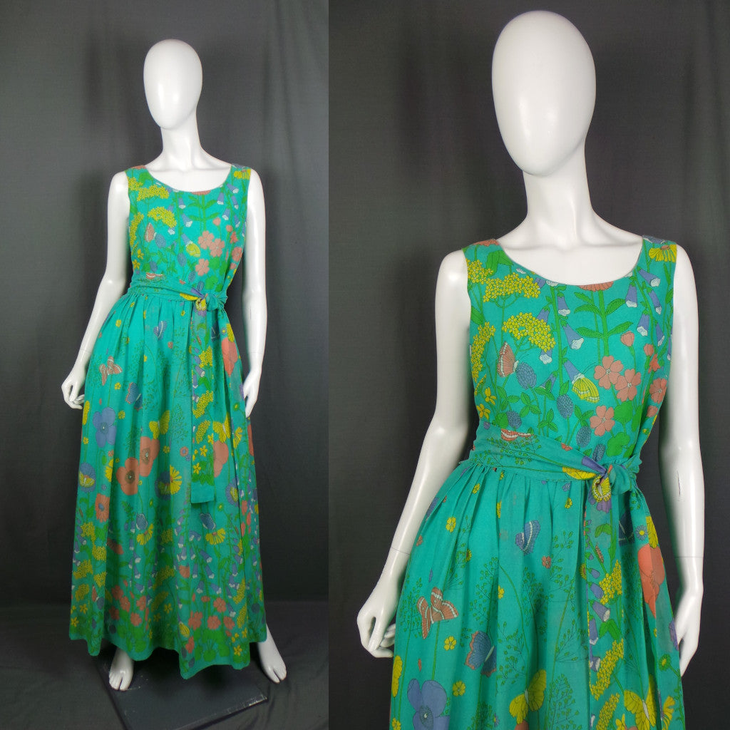 1970s Green Summer Meadow Sleeveless Maxi Dress, by Dandi for Berkertex, 40in Bust
