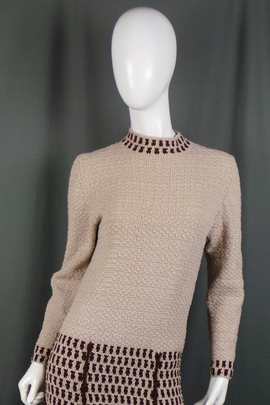 1960s Camel Knitted Drop Waist Jumper Dress | M