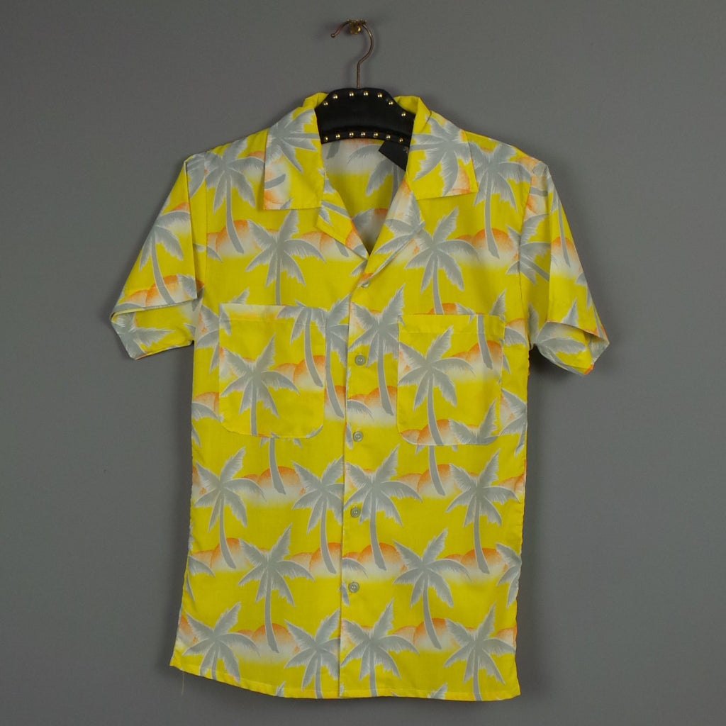 1980s Bright Yellow Palm Tree Print Hawaiian Shirt, by Tropicana, 37in Chest