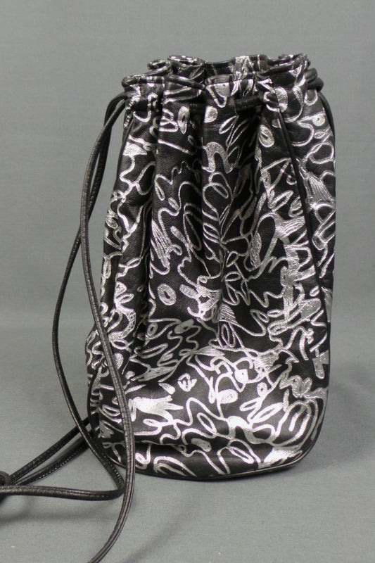 1980s Silver and Black Leather Pouch Bag