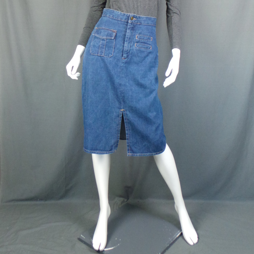 Long blue jean top skirts 1970s