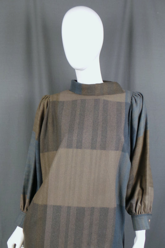 1980s Slate Blue and Camel Wool Dress | Jersey Masters | L