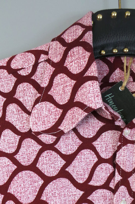 1960s Burgundy Snakeskin Style Print Beagle Ear Shirt. by John Langford, 39inChest
