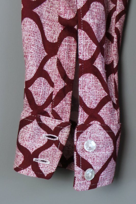 1960s Burgundy Snakeskin Style Print Beagle Ear Shirt. by John Langford, 39inChest