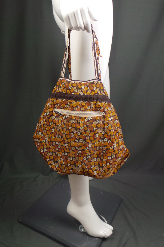 1960s Brown Floral Zip Up Tote