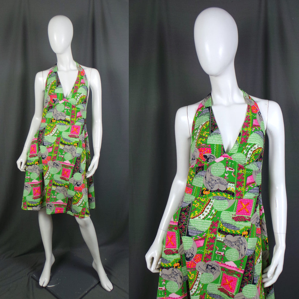 1970s Neon Green Novelty Print Halter Neck Vintage Beach Cover Up