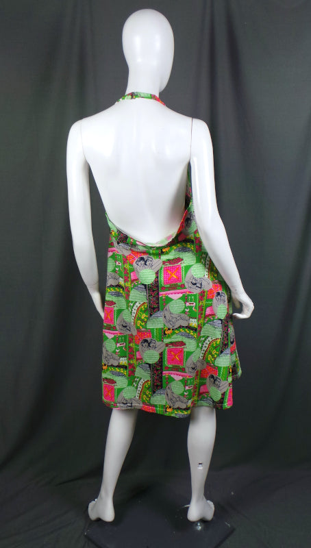 1970s Neon Green Novelty Print Halter Neck Beach Cover Up, 31in Waist