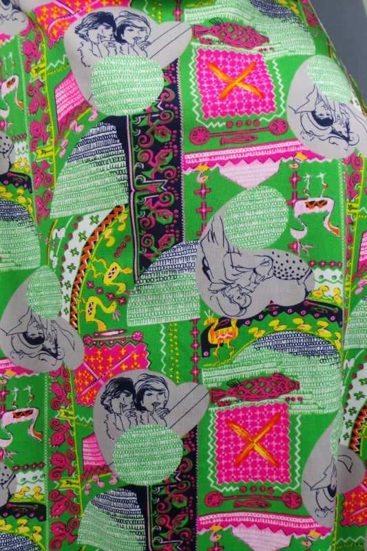 1970s Neon Green Novelty Print Halter Neck Beach Cover Up, 31in Waist