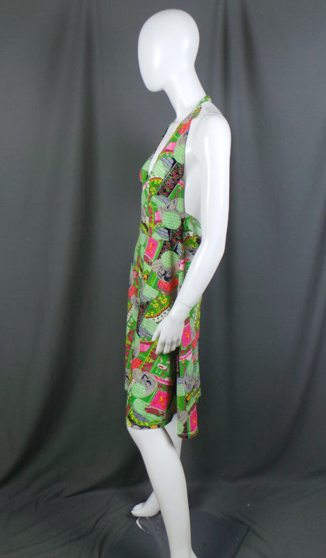 1970s Neon Green Novelty Print Halter Neck Beach Cover Up, 31in Waist
