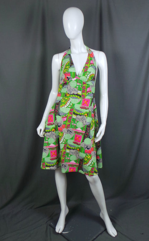 1970s Neon Green Novelty Print Halter Neck Beach Cover Up, 31in Waist