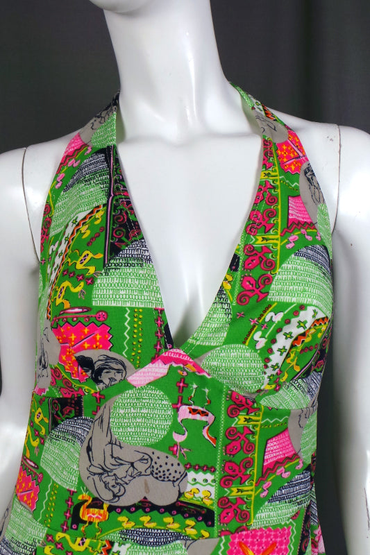 1970s Neon Green Novelty Print Halter Neck Beach Cover Up, 31in Waist