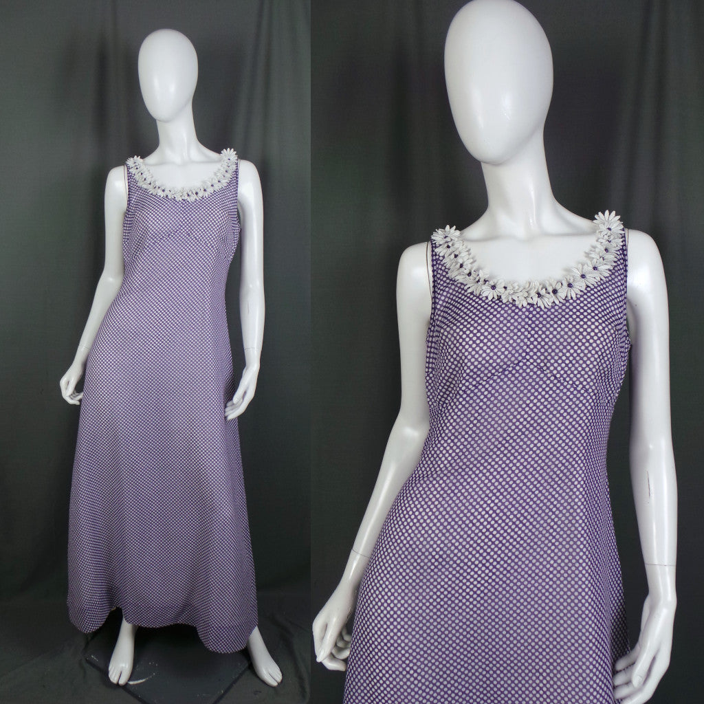 1960s Purple White Polka Dot & Daisy Vintage Dress | Carnegie
