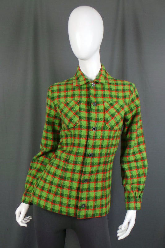 1970s Lime Green and Red Checked Wool Boucle Shirt, 36in Bust