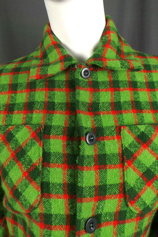 1970s Lime Green and Red Checked Wool Boucle Shirt, 36in Bust