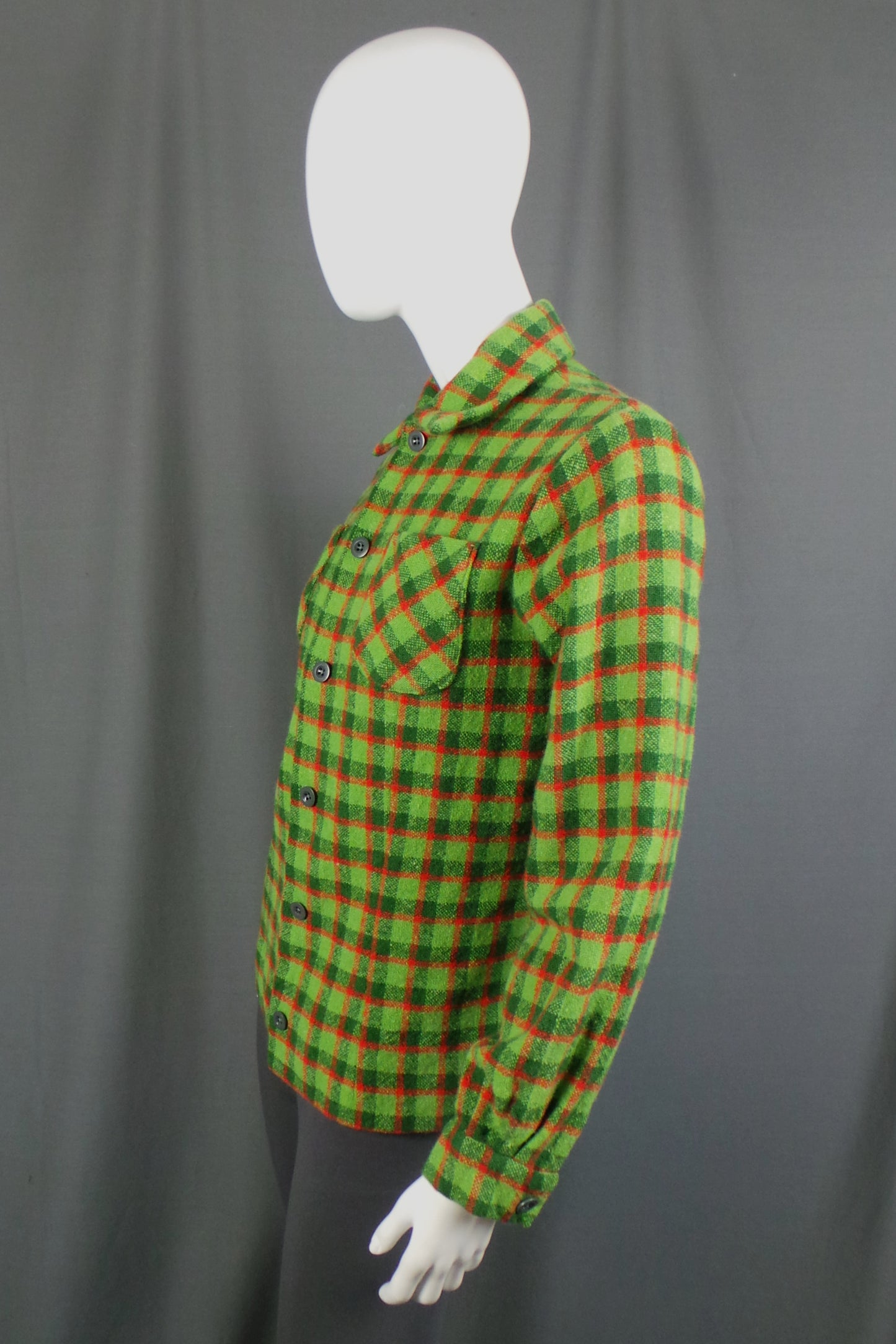 1970s Lime Green and Red Checked Wool Boucle Shirt, 36in Bust