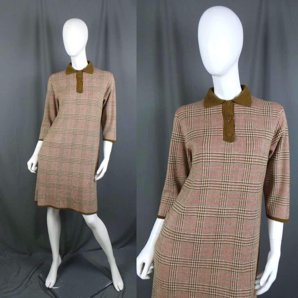 1960s Khaki Checked Mod Jumper Dress St Michael XL