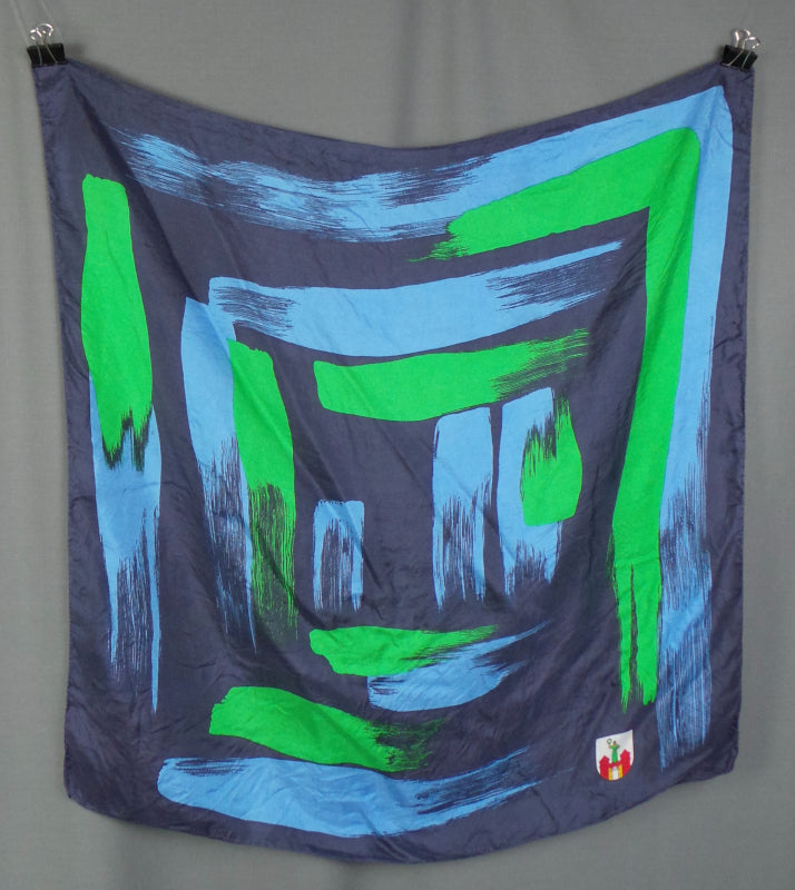 1970s Navy and Green German Crest Silk Scarf