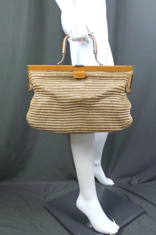1970s Raffia Straw Frame Bag