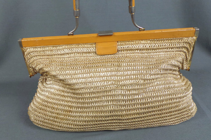 1970s Raffia Straw Frame Bag