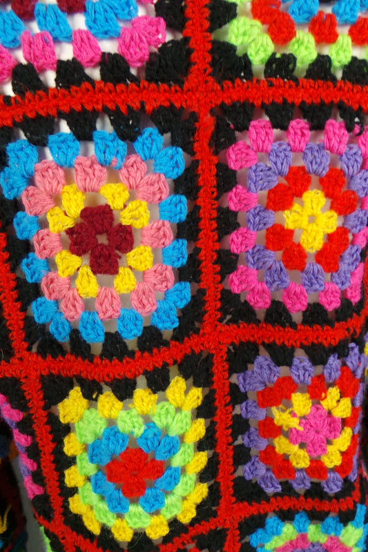 1980s Granny Square Crochet Cropped Cardigan | M