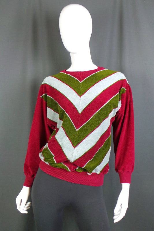 1970s Maroon Chevron Velour Sweatshirt | 2XL