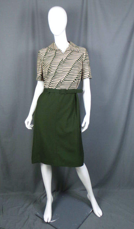1960s Deep Olive Green and Ecru Belted Vintage Dress | Hucke