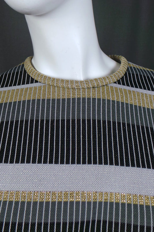 1960s Black and Gold Stripe Crimplene Dress | Carnegie | 2XL