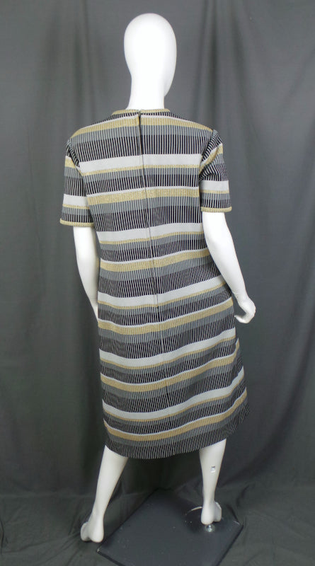 1960s Black and Gold Stripe Crimplene Dress | Carnegie | 2XL